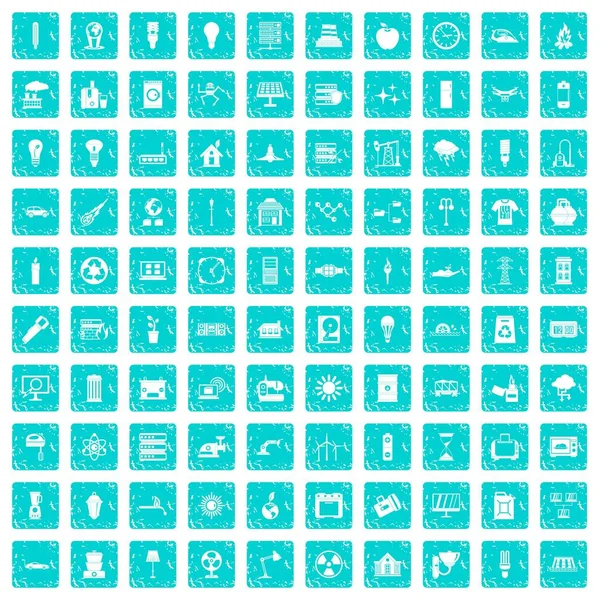 100 icônes électriques bleu grunge — Image vectorielle