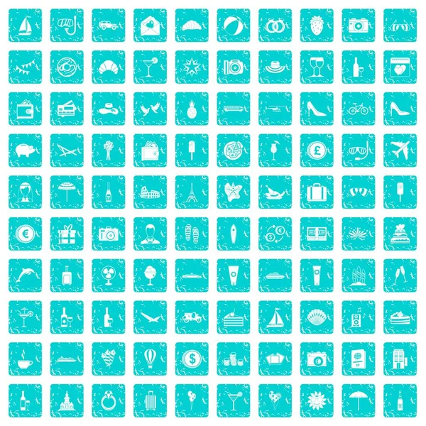 100 icônes lune de miel bleu grunge — Image vectorielle