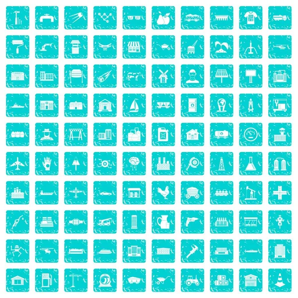 100 icônes de l'industrie ensemble Grunge bleu — Image vectorielle