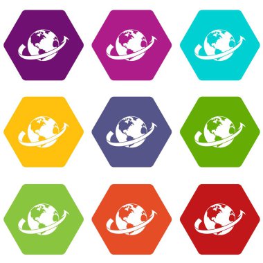 Uçak sinek gezegen simgesi ayarla renk altı yüzlü çevresinde