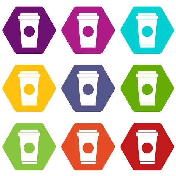 Kávé elvenni kupa ikon készlet színes hexahedron — Stock Vector