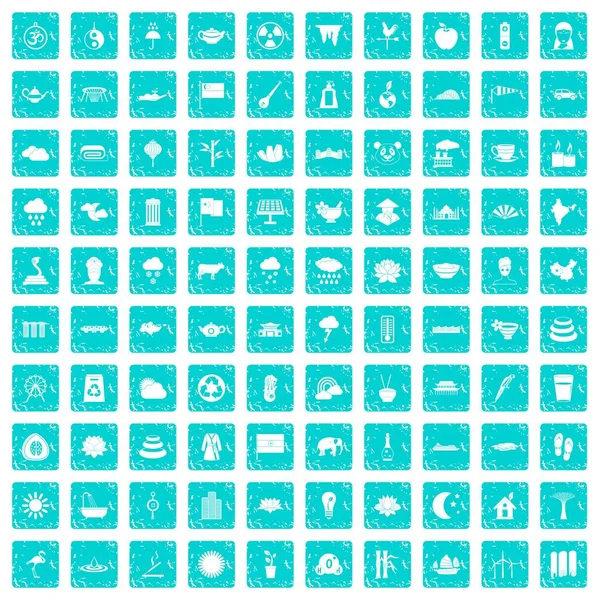 100 іконок лотоса встановити гранжевий синій — стоковий вектор