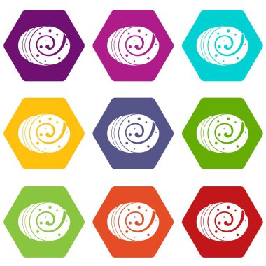 Renk altı yüzlü meyve somun Icon set