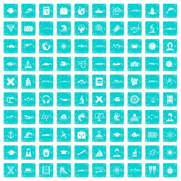 100 icônes océanologues bleu grunge — Image vectorielle