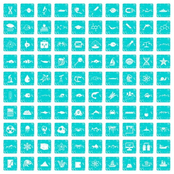 100 icônes d'océanologie bleu grunge — Image vectorielle