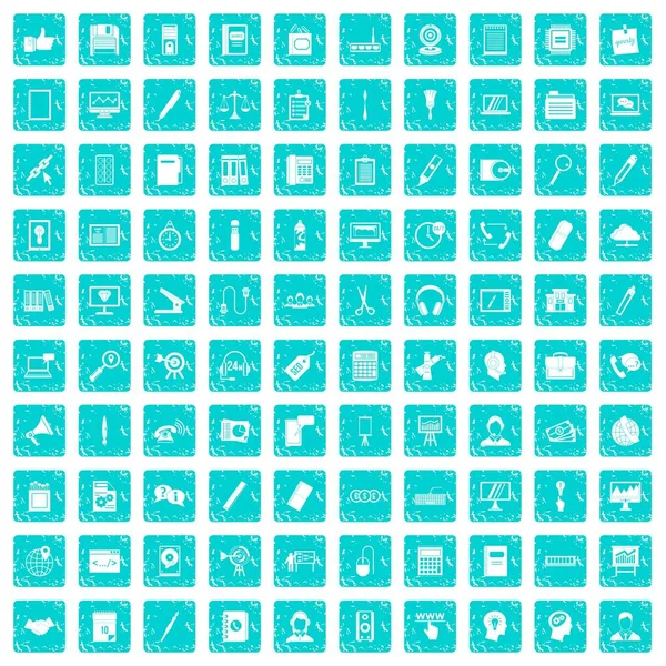 100 icônes de travail de bureau bleu grunge — Image vectorielle