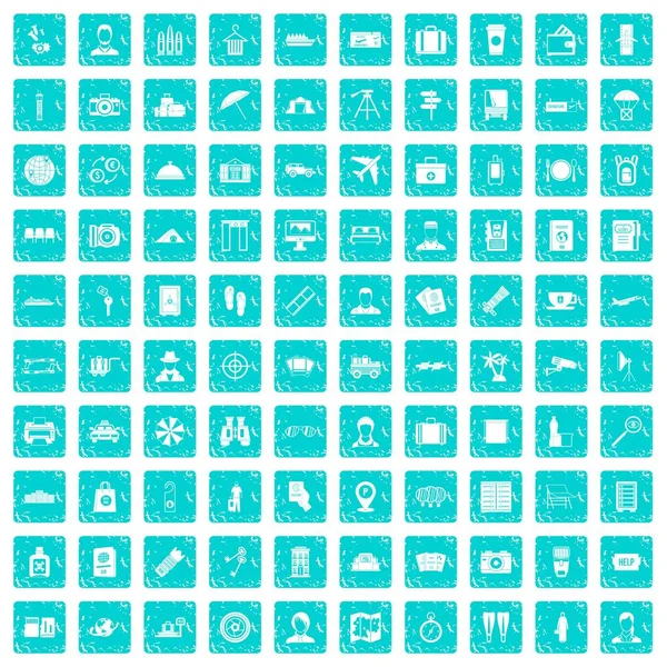 100 icônes passeport bleu grunge — Image vectorielle