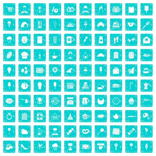 100 icônes pâtisserie ensemble Grunge bleu — Image vectorielle