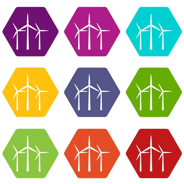 Turbinas eólicas ícone conjunto cor hexaedro — Vetor de Stock