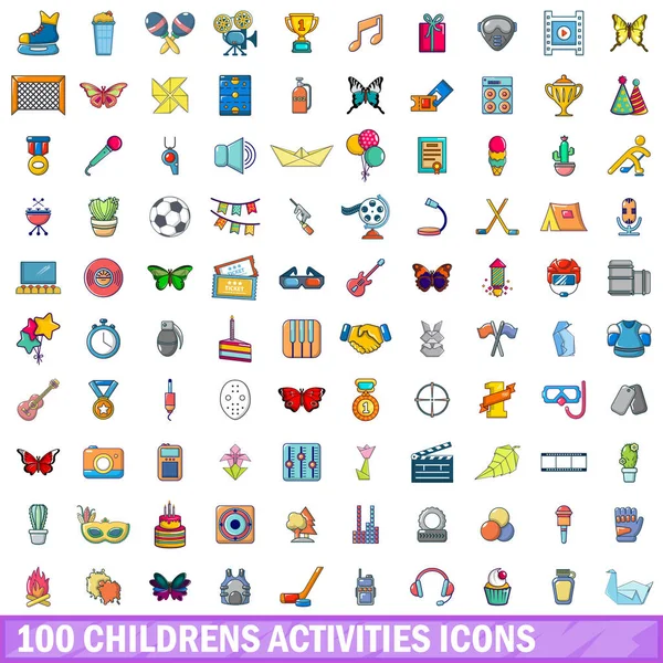 100 actividades para niños conjunto de iconos, estilo de dibujos animados — Vector de stock