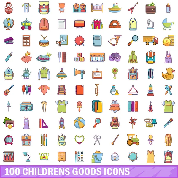 100 artículos para niños conjunto de iconos, estilo de dibujos animados — Vector de stock