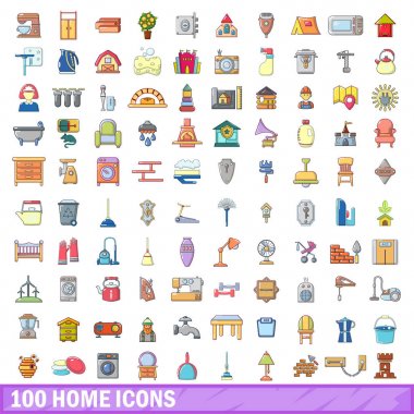 100 ev Icons set, karikatür tarzı