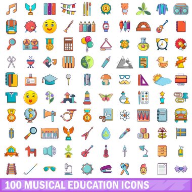 100 müzik eğitimi simgeler ayarla, tarzı çizgi film
