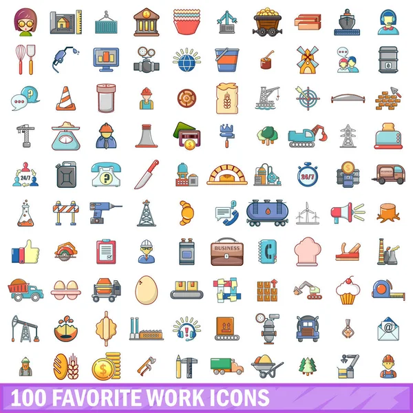 Ensemble de 100 icônes de travail préférées, style dessin animé — Image vectorielle