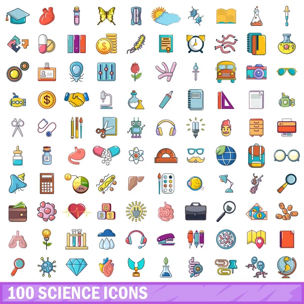 Ensemble de 100 icônes scientifiques, style dessin animé — Image vectorielle