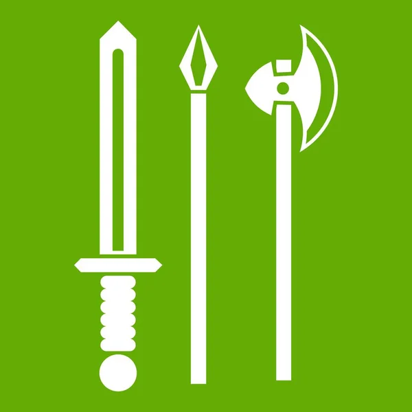 Ancienne épée d'arme, pioche et hache icône verte — Image vectorielle