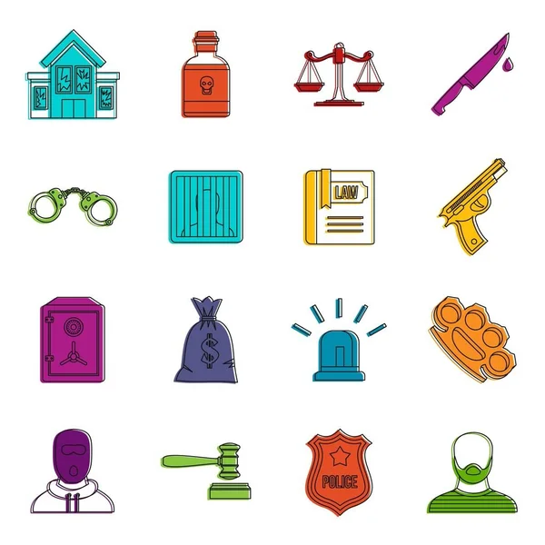 Crimen y castigo iconos doodle set — Vector de stock
