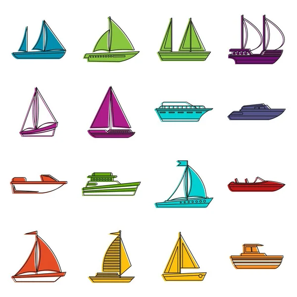 Boot en schip pictogrammen doodle set — Stockvector