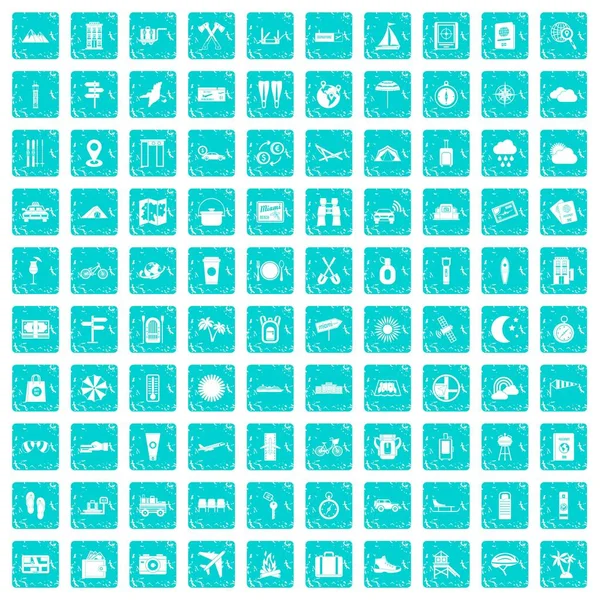 100 icônes de voyage touristique ensemble Grunge bleu — Image vectorielle