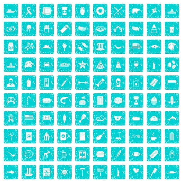 100 iconos de EE.UU. conjunto grunge azul — Vector de stock