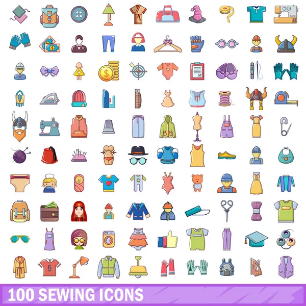 100 naaien iconen instellen, cartoon stijl — Stockvector