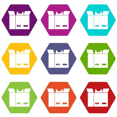 Bir karton kutu simgesi ayarla renk altı yüzlü kedi