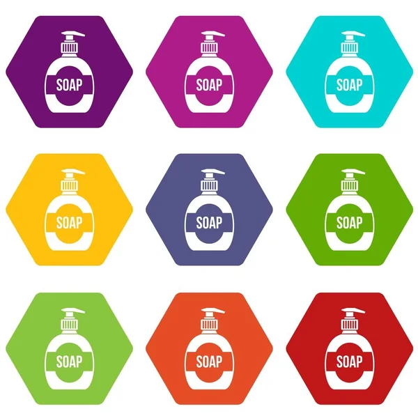 Flasche Flüssigseife Symbol Set Farbe Hexaeder — Stockvektor