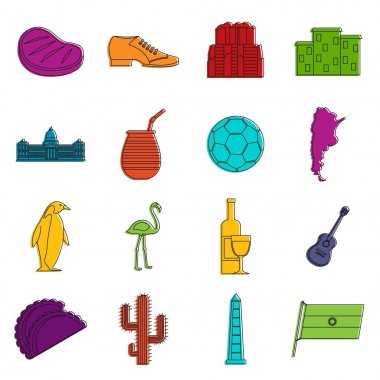 Arjantin seyahat öğeler simgeler kümesi doodle