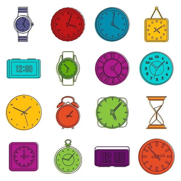 Tijd en klok pictogrammen doodle set — Stockvector
