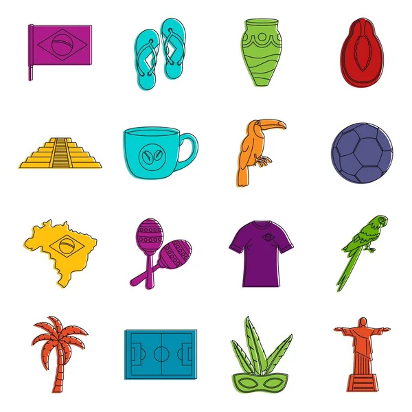 Brazília utazás szimbólumok ikonok, doodle készlet — Stock Vector
