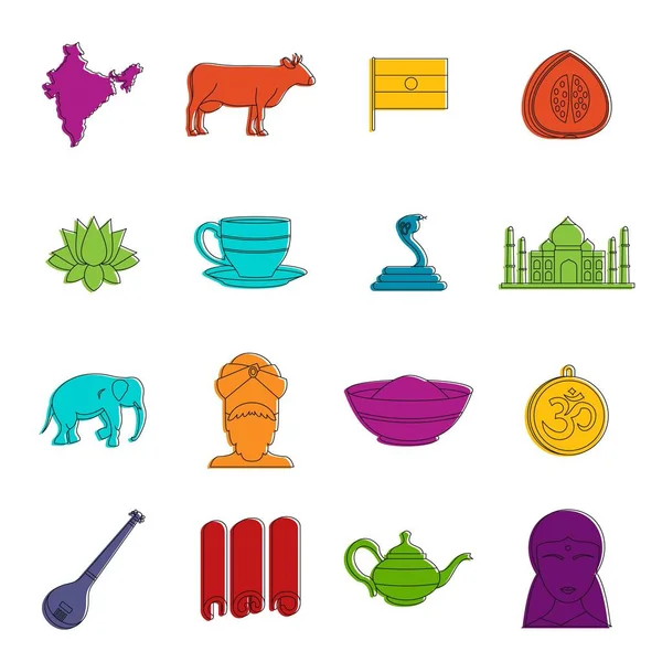 Índia viagens ícones doodle set — Vetor de Stock