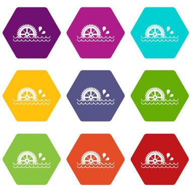 Renk altı yüzlü su çarkı Icon set