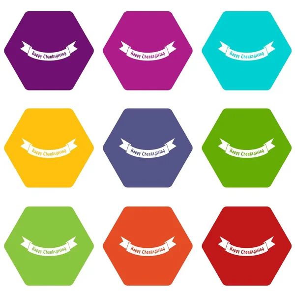 Happy Thanksgiving Day ruban icône ensemble couleur hexaèdre — Image vectorielle