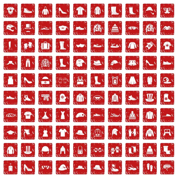 100 vêtements et accessoires icônes ensemble grunge rouge — Image vectorielle