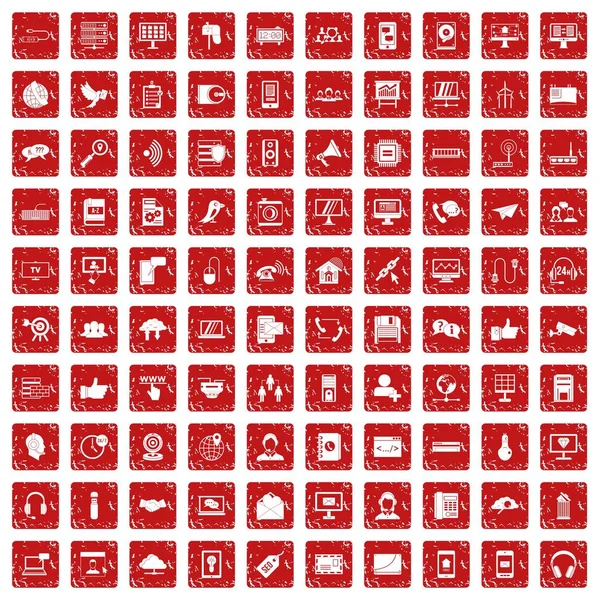 100 значков связи устанавливают красный гранж — стоковый вектор