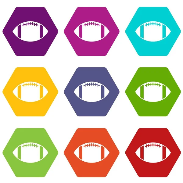 Juego de iconos de pelota de rugby hexaedro de color — Vector de stock