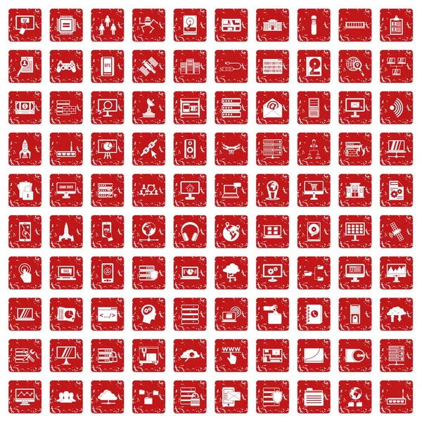 100 значков базы данных и облака задают красный гранж — стоковый вектор