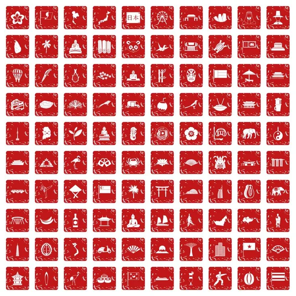 100 Aziatische pictogrammen instellen grunge rode — Stockvector