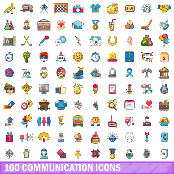 100 наборов коммуникационных икон, стиль мультфильма — стоковый вектор