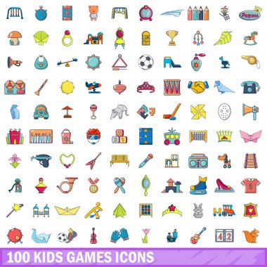 100 çocuk oyunları simgeler ayarla, tarzı çizgi film