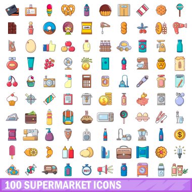100 süpermarket simgeler ayarla, tarzı çizgi film