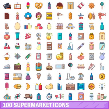 100 supermarket icons set, cartoon style clipart