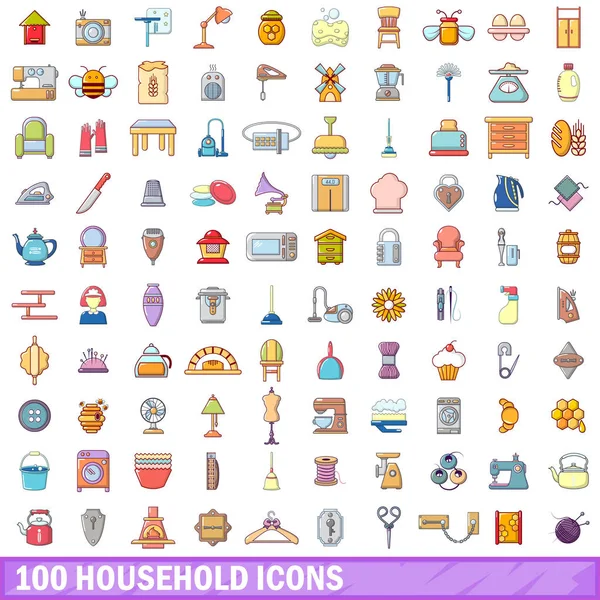 100 hushåll ikoner set, tecknad stil — Stock vektor