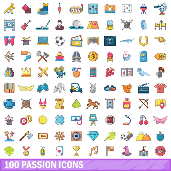 Ensemble de 100 icônes de la passion, style dessin animé — Image vectorielle