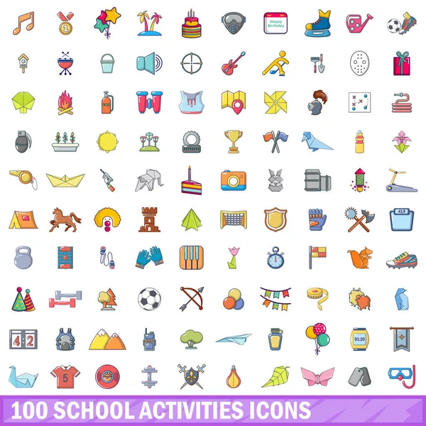 100 actividades escolares iconos conjunto, estilo de dibujos animados — Vector de stock