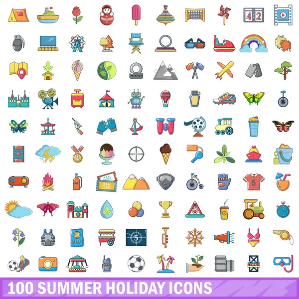 100 conjunto de iconos de vacaciones de verano, estilo de dibujos animados — Vector de stock