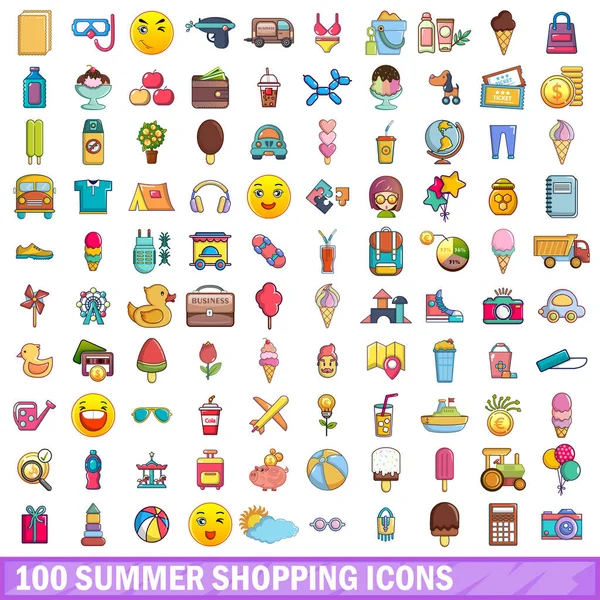 Ensemble de 100 icônes du shopping d'été, style dessin animé — Image vectorielle