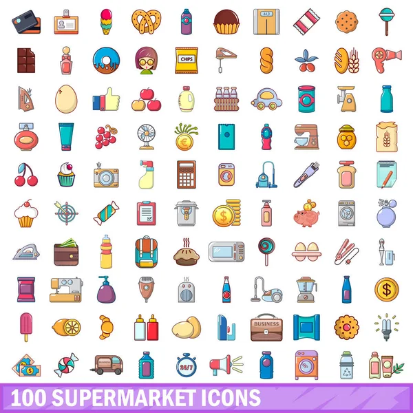 100 conjunto de ícones de supermercado, estilo cartoon — Vetor de Stock