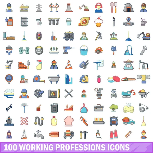 100 beroepen pictogrammen werken instellen, cartoon stijl — Stockvector