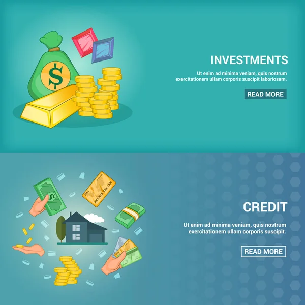 Bank vízszintes bannerek set hitel szolgáltatásokat és a valuta átváltási rajzfilm vektoros illusztráció — Stock Vector